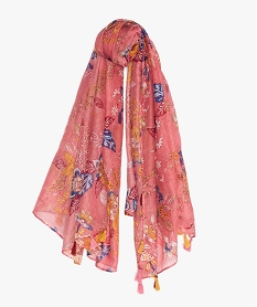 GEMO Foulard femme fleuri avec petits pompons Rose