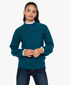 GEMO Pull femme avec détails en broderie anglaise effet 2-en-1 Bleu