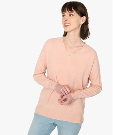 GEMO Pull femme à col V en maille ultra douce Rose