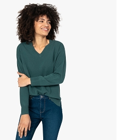 GEMO Pull femme à col V en maille ultra douce Vert