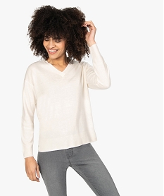 GEMO Pull femme à col V en maille ultra douce Beige