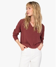 GEMO Pull femme à col V en maille ultra douce Rouge