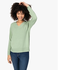 GEMO Pull femme à col V en maille ultra douce Vert