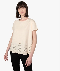 GEMO Tee-shirt femme à manches courtes avec bas brodé Beige