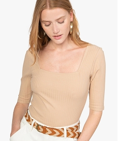 GEMO Tee-shirt femme à manches courtes en maille côtelée Beige