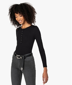 GEMO Tee-shirt femme à manches longues en maille côtelée Noir