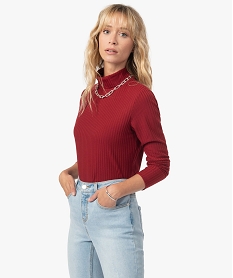 GEMO Tee-shirt femme en maille côtelée manches longues et col montant Rouge