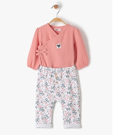 GEMO Ensemble bébé fille 2 pièces : body à manches longues + pantalon souple Rose