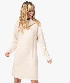 GEMO Robe pull femme en maille avec grand col boule Beige