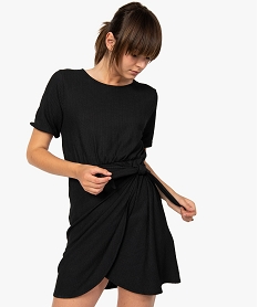 GEMO Robe femme à manches courtes avec bas façon portefeuille Noir