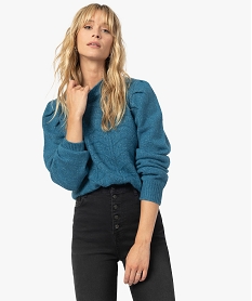 GEMO Pull femme maille fantaisie et col ras de cou Bleu