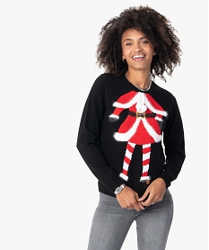 GEMO Pull de Noël femme avec motif mère Noël Noir