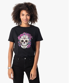 GEMO Tee-shirt femme à manches courtes avec motif tête de mort Noir