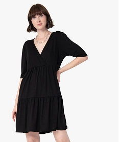 GEMO Robe femme en maille à volants et manches courtes Noir