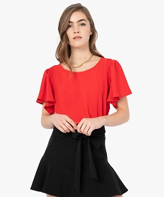 GEMO Tee-shirt femme avec manches volantées Rouge