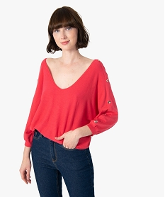 GEMO Pull femme avec manches chauve-souris et col V Rose