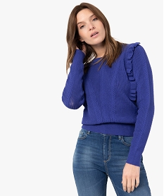 GEMO Pull femme en maille fantaisie avec volants Bleu