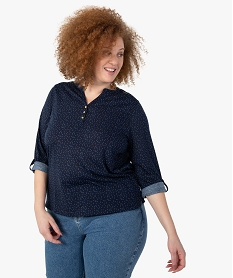 tee-shirt femme grande taille imprime col v et dos dentelle bleuF918801_2