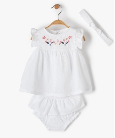 GEMO Ensemble bébé fille 3 pièces : body-tunique + bloomer + bandeau à cheveux Blanc