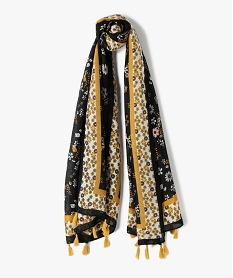 GEMO Foulard femme à motifs fleuris et finitions pompons Noir