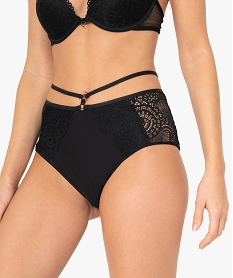 GEMO Culotte femme taille haute en microfibre et dentelle Noir