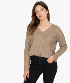 GEMO Pull femme col V en maille ultra douce Beige