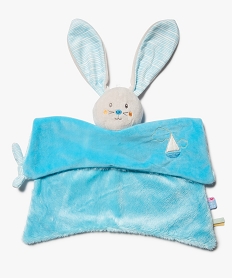 GEMO Doudou plat bébé avec tête de lapin avec accroche tétine – Sucre d’Orge Bleu