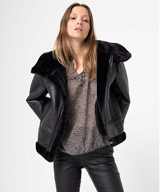 GEMO Blouson bombardier femme esprit biker avec doublure en maille peluche Noir