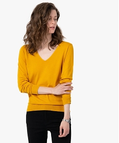 GEMO Pull femme en maille fine à col V Jaune