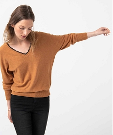 GEMO Pull femme avec double décolleté en V bordé de dentelle Orange