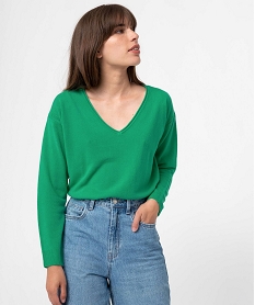 GEMO Pull femme en maille fine avec large col V Vert