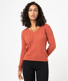 GEMO Pull femme à col V en maille ajourée Orange