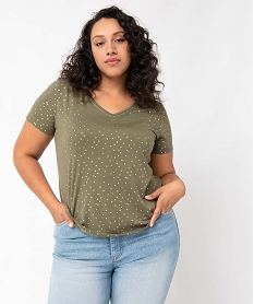 tee-shirt femme grande taille a motifs pailletes et col v fantaisie vert t-shirts col vI352501_1