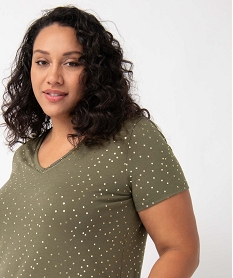 tee-shirt femme grande taille a motifs pailletes et col v fantaisie vert t-shirts col vI352501_2