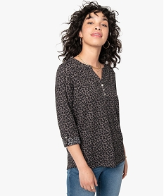 tee-shirt femme imprime a manches longues avec col boutonne brunI358501_1