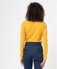 tee-shirt femme en maille cotelee manches longues et col montant jauneI360601_3