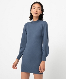 GEMO Robe pull femme en maille à manches longues et col montant Bleu