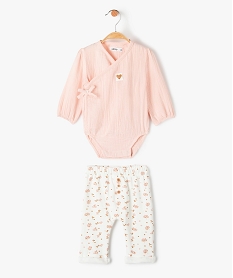 GEMO Ensemble bébé fille 2 pièces : body à manches longues + pantalon souple Rose