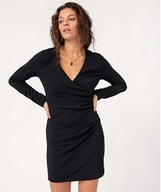 GEMO Robe femme ajustée effet drapé à manches longues Noir