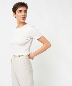 tee-shirt femme a manches courtes en maille gaufree coupe courte beigeI690001_1