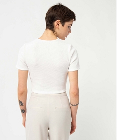 tee-shirt femme a manches courtes en maille gaufree coupe courte beigeI690001_3