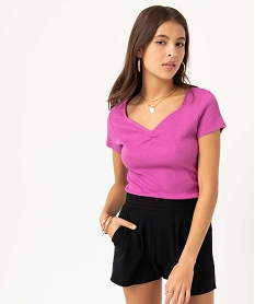 tee-shirt femme en maille cotelee avec col v fronce violetI691101_1
