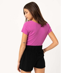 tee-shirt femme en maille cotelee avec col v fronce violet t-shirts manches courtesI691101_3