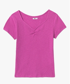 tee-shirt femme en maille cotelee avec col v fronce violet t-shirts manches courtesI691101_4