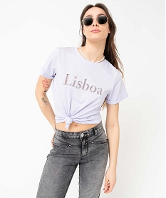 tee-shirt femme a manches courtes a revers et inscription ajouree violetI893301_1