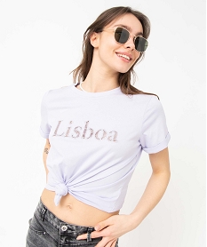 tee-shirt femme a manches courtes a revers et inscription ajouree violetI893301_2