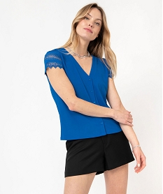 GEMO Tee-shirt boutonné à manches courtes en dentelle femme Bleu