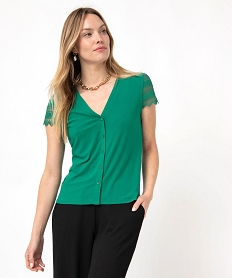 GEMO Tee-shirt boutonné à manches courtes en dentelle femme Vert