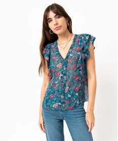 GEMO Blouse en voile fleuri sans manches à col V et volants femme Bleu