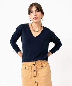 GEMO Pull femme en maille fine avec large col V Bleu